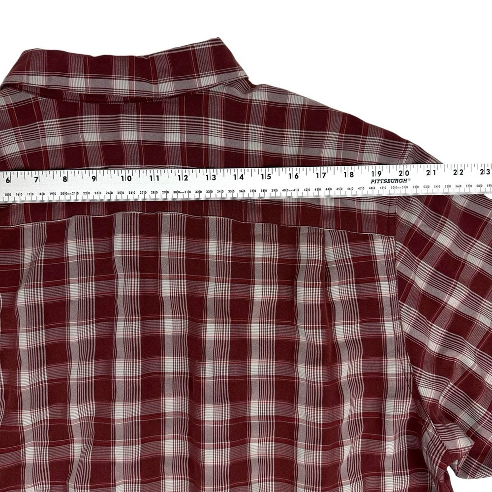 Columbia Men's XL Plaid Shirt Long Sleeve Zip Chest Pocket Maroon Tan Poly Blend - Picture 8 of 10